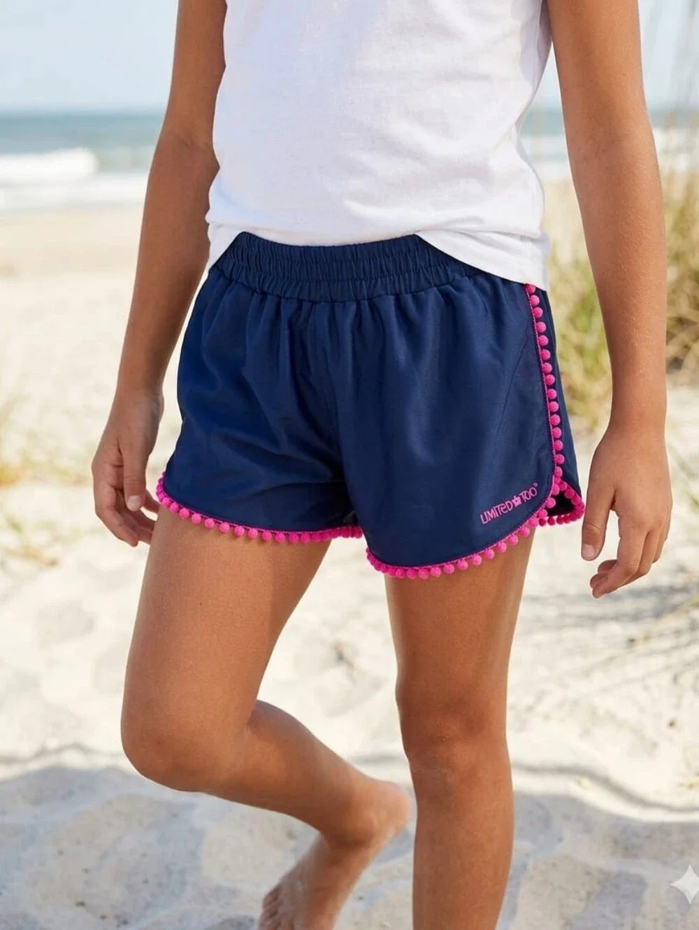 Limited Too Girls Navy Blue Athletic Shorts Pink Pom Pom Trim Size 10/12